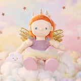 Plush fairy unicorn doll with orange hair and gold wings sitting on clouds.