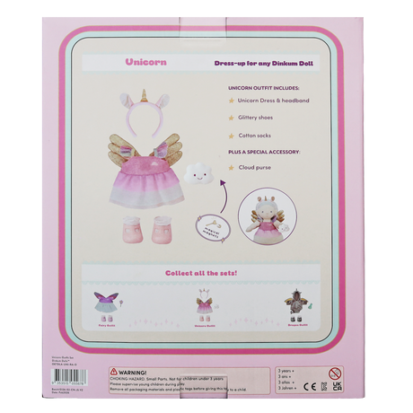 Back packaging of Olli Ella Dinkum Doll Unicorn dress-up outfit set.