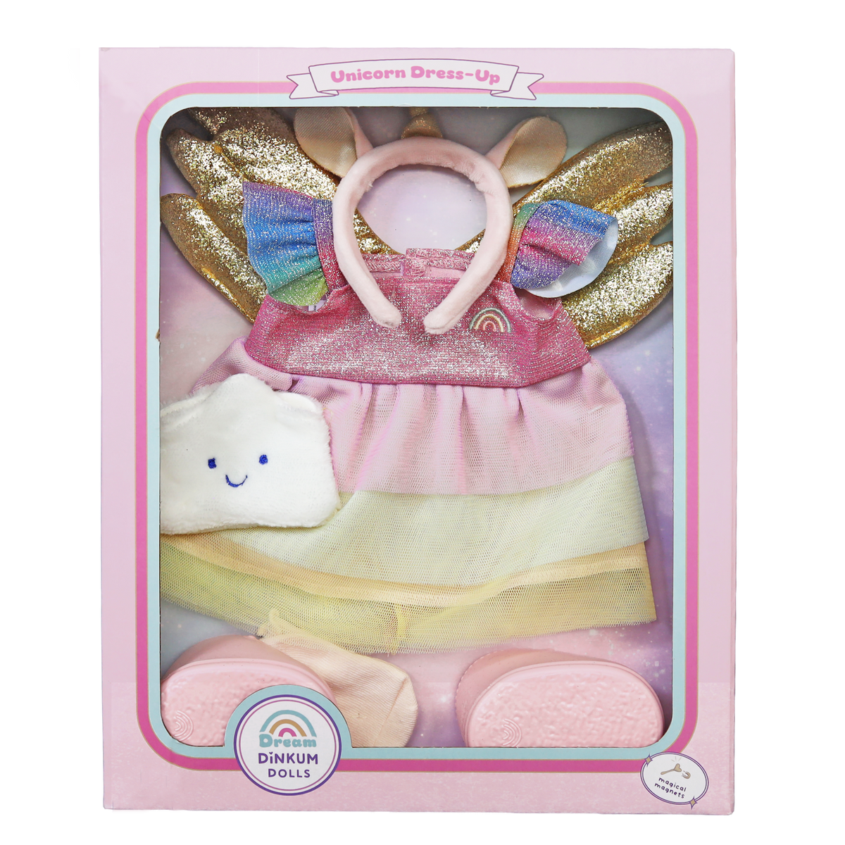 Unicorn Dress-Up outfit set for Dream Dinkum Dolls in its original pink packaging.
