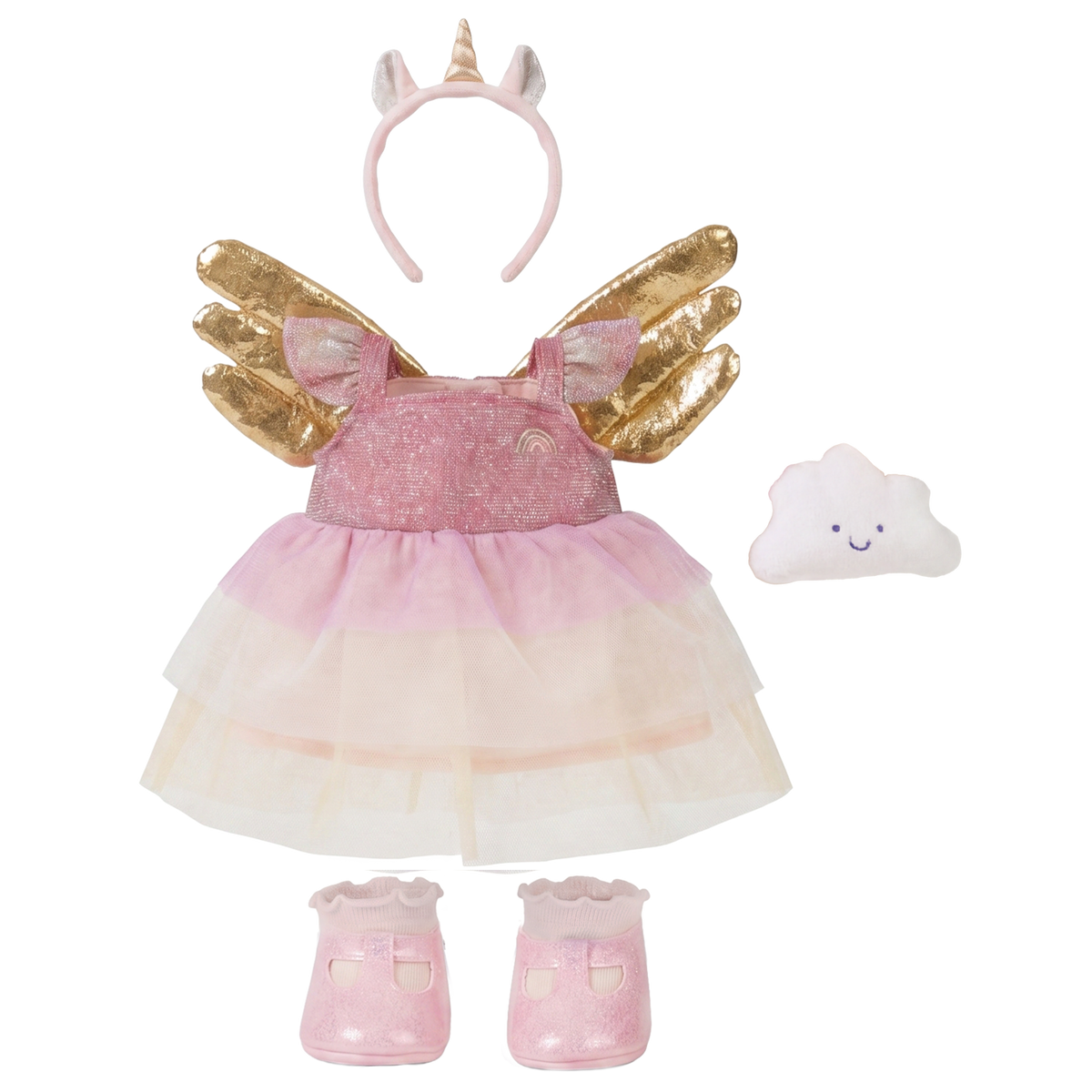 Olli Ella Dinkum Dolls Unicorn Outfit Set with a pink tulle dress, gold wings, headband, and shoes.