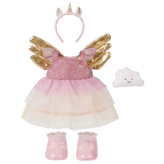 Olli Ella Dinkum Dolls Unicorn Outfit Set with a pink tulle dress, gold wings, headband, and shoes.