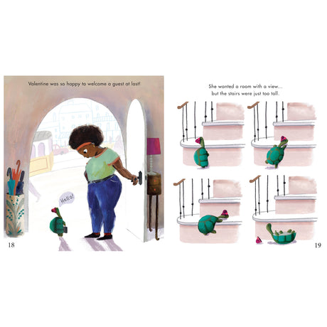 Illustration of a woman welcoming a small turtle into her home, next to panels of the turtle struggling with stairs.