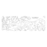 Black and white line art of a Japanese landscape with mountains, trees, and foliage for a Japonaiserie coloring activity.