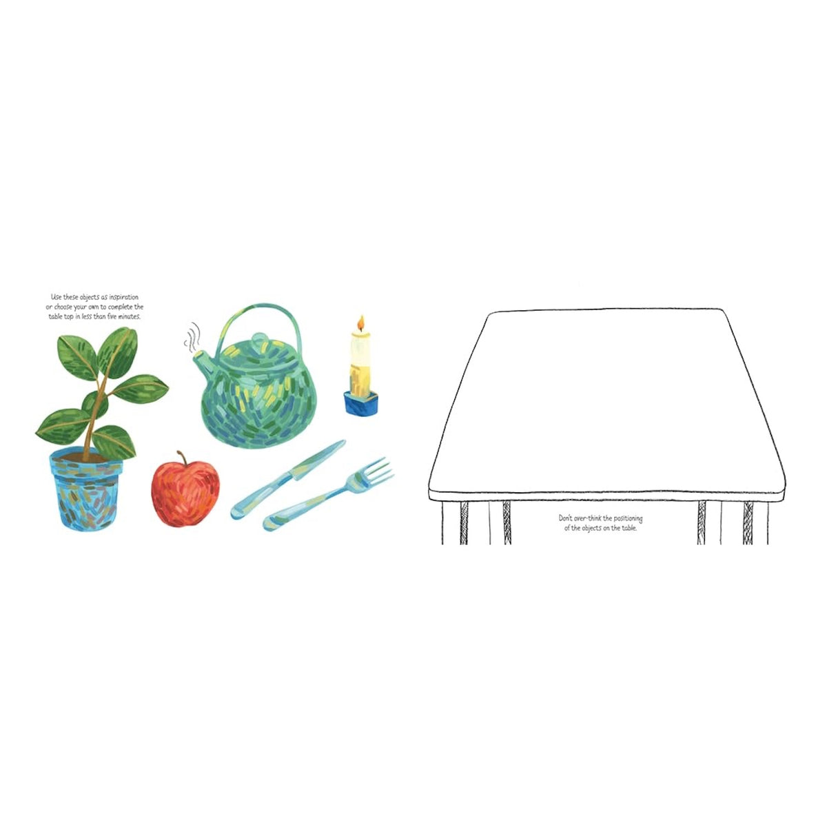 Illustration of a potted plant, teapot, apple, and candle next to a drawing of a blank table for a creative activity.