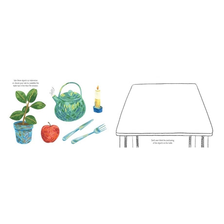 Illustration of a potted plant, teapot, apple, and candle next to a drawing of a blank table for a creative activity.
