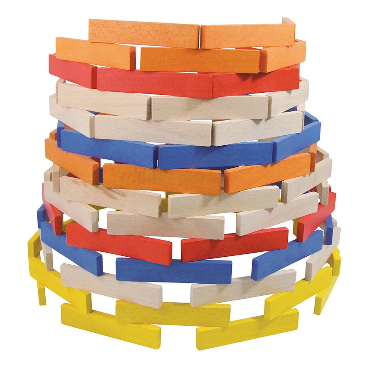 Colorful wooden Vilac Batibloc planks stacked to build a circular tower structure for open-ended play.