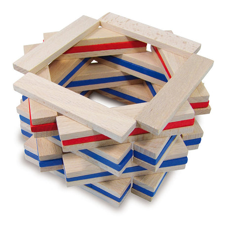 Vilac Batibloc wooden planks stacked into a circular tower structure with blue and red painted details.