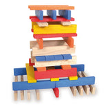 Vilac Batibloc wooden building toy set forming a colorful architectural tower with stacked planks.