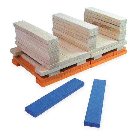 Vilac Batibloc natural wooden construction planks built into a structure on an orange base with blue pieces.