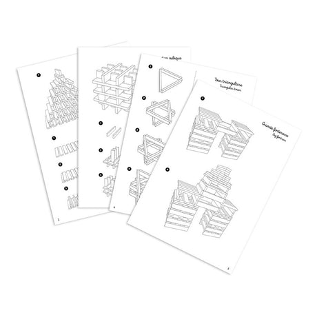 Vilac Batibloc building guide sheets showing step by step construction diagrams for wooden planks.