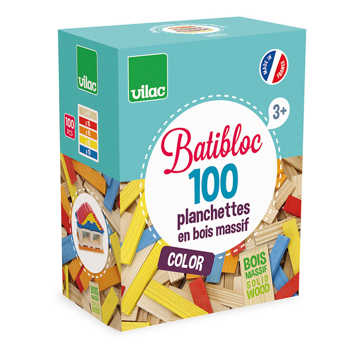 Vilac Batibloc 100 color solid wood building planks packaging box for kids construction toy set.