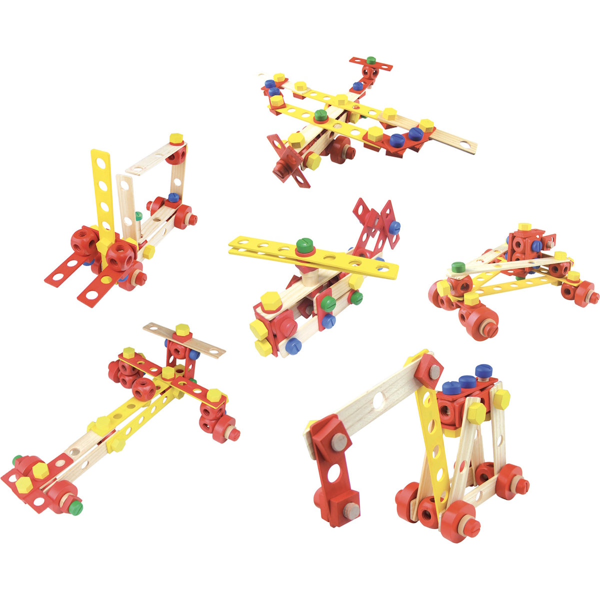 Multiple vehicles built from a Vilac Batibloc wooden toy construction set, including an airplane and crane.