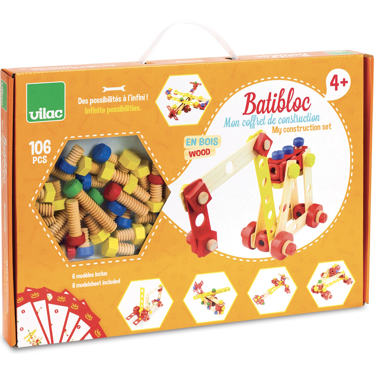 Vilac Batibloc 106-piece wooden construction set box showing toy parts and crane design.