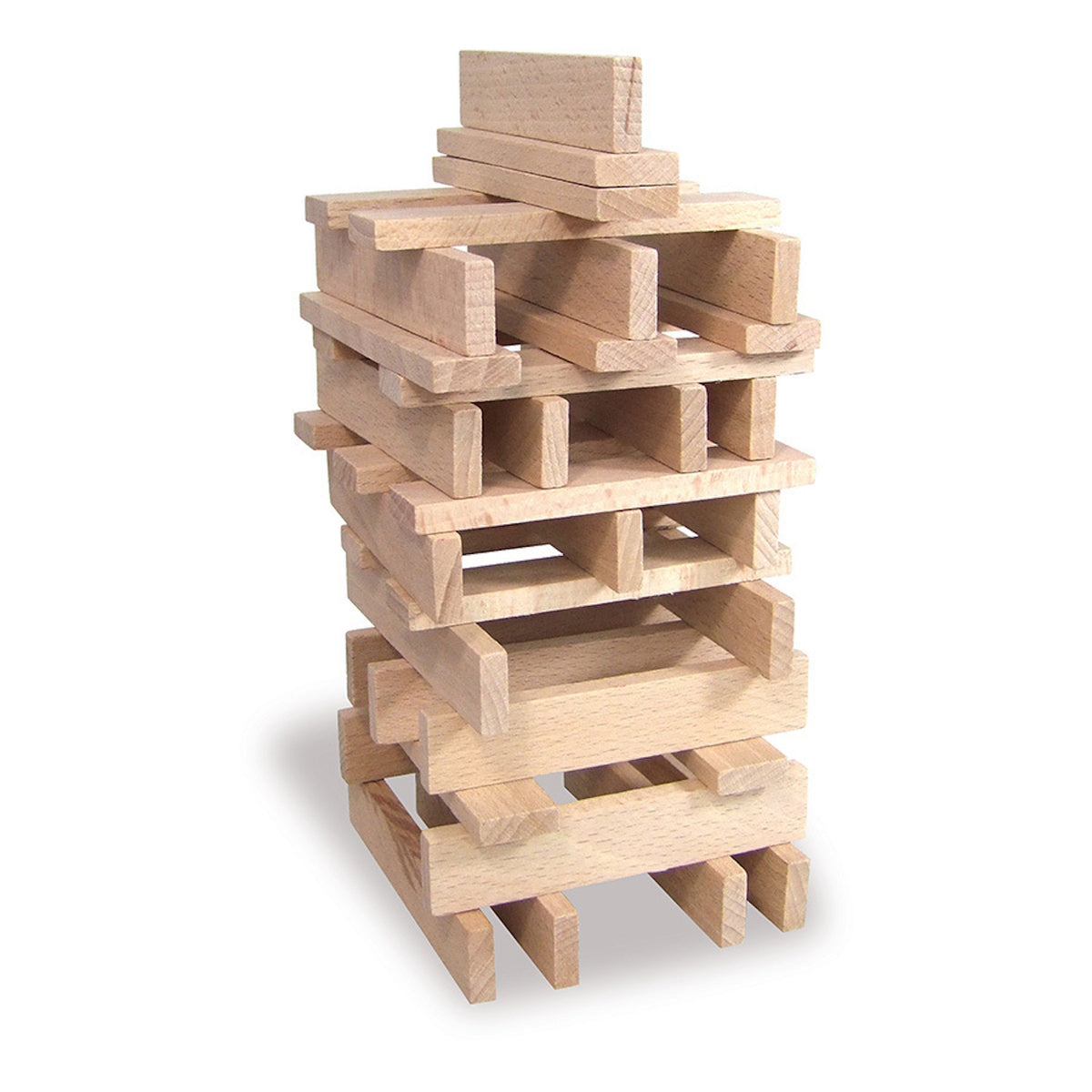 Stacked tower structure built using Vilac Batibloc natural wooden building blocks.