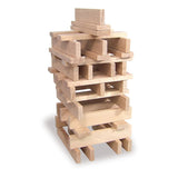 Stacked tower structure built using Vilac Batibloc natural wooden building blocks.