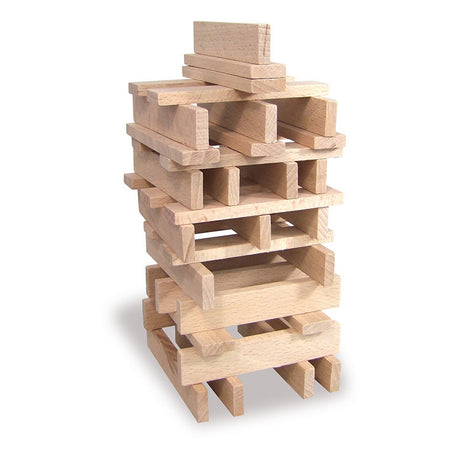 Stacked tower structure built using Vilac Batibloc natural wooden building blocks.