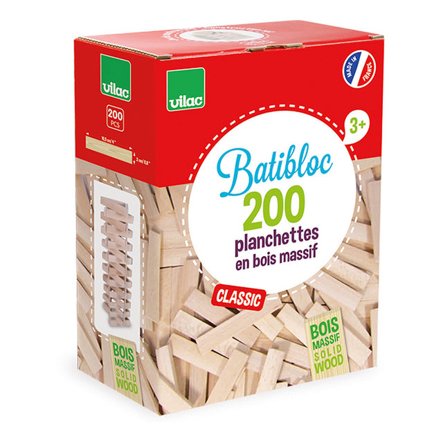 Product box for Vilac Batibloc Classic containing 200 solid wood building planks for kids.