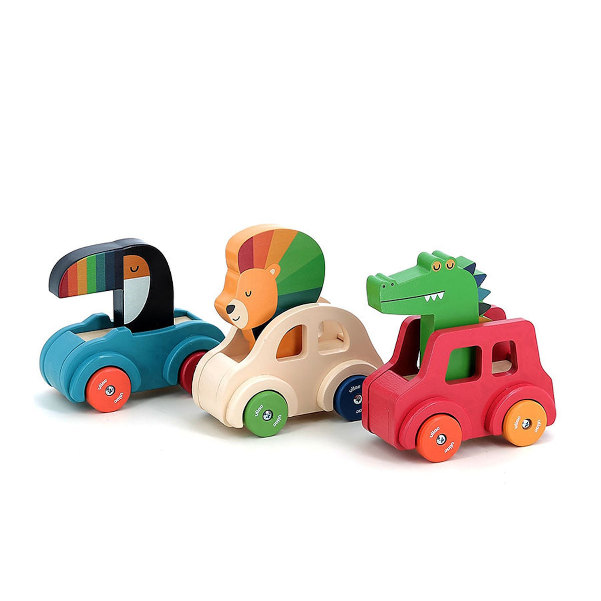 Vilac wooden animal toy cars set featuring a toucan, a lion, and a crocodile driving colorful vehicles.