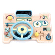 Wooden toy car dashboard for toddlers with steering wheel, gear shift, and mirror.