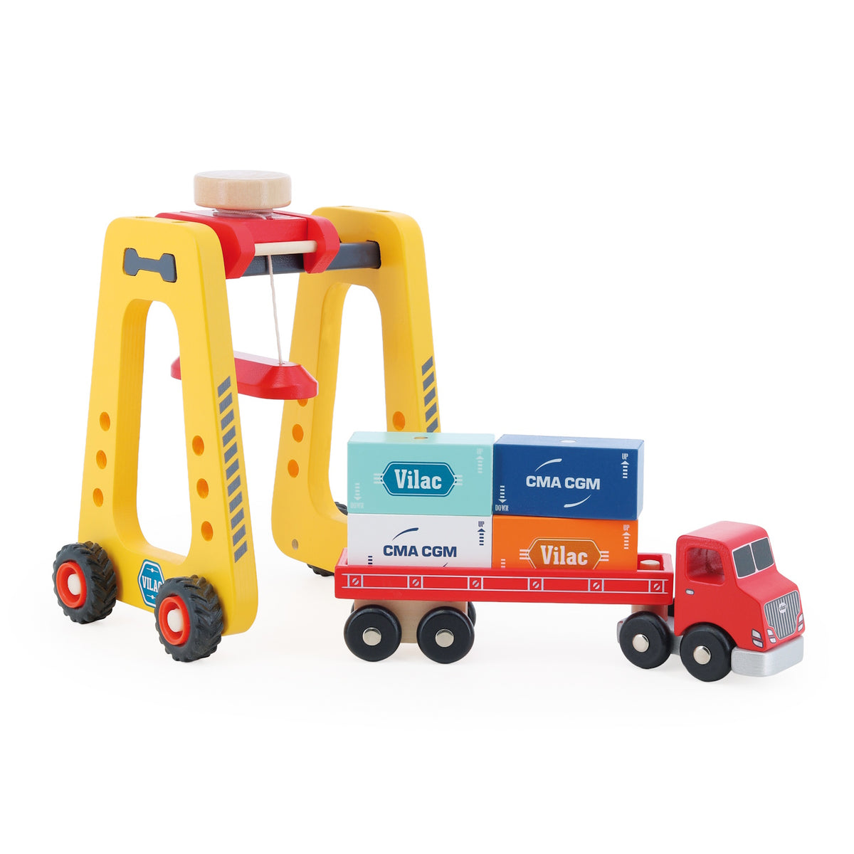 Vilac wooden straddle carrier crane toy next to a red toy semi truck loaded with CMA CGM cargo blocks.