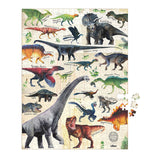 Vilac dinosaur jigsaw puzzle partially assembled with loose pieces on a white background.