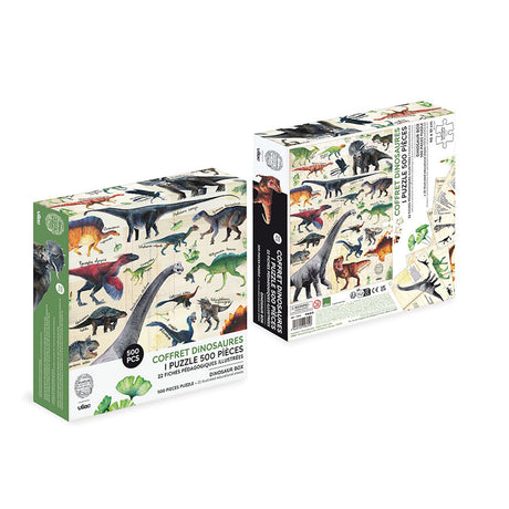 Two boxes of Vilac 500-piece dinosaur puzzle featuring realistic prehistoric illustrations.