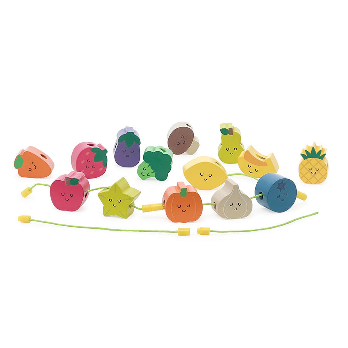 Colorful wooden fruit and vegetable lacing beads with cute faces and threading strings.