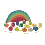 Wooden fruit and vegetable lacing beads toy set with a rainbow watermelon pouch.