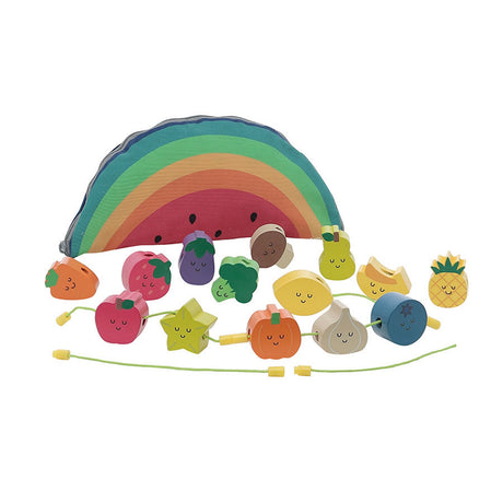 Wooden fruit and vegetable lacing beads toy set with a rainbow watermelon pouch.