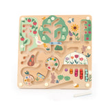 Vilac wooden garden magnetic maze toy with colorful beads and animal illustrations on white background.