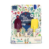 Vilac mini gardening tools set for kids with a colorful purple trowel, blue rake, and yellow shovel.