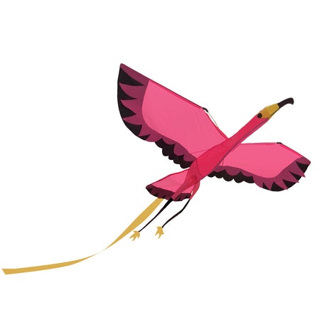 Vibrant pink flamingo kite flying with outstretched wings and a yellow tail streamer.