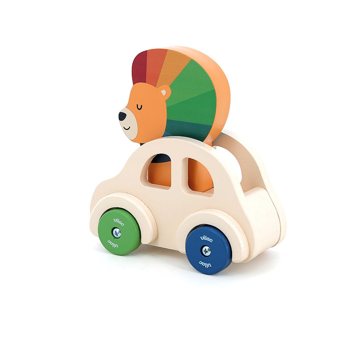Vilac wooden lion beep car toy for toddlers showing the left side with green and blue wheels.