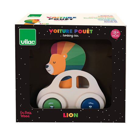 Vilac wooden lion honking car in its black retail packaging box, designed for toddlers 18 months and older.
