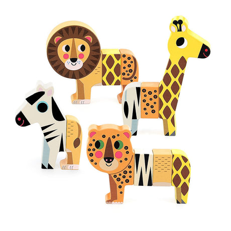 Wooden magnetic safari animal toys with mixed-up bodies, featuring a lion, giraffe, zebra, and leopard.