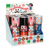 Retail display box filled with various Vilac metal kaleidoscope toys shown in a front view.