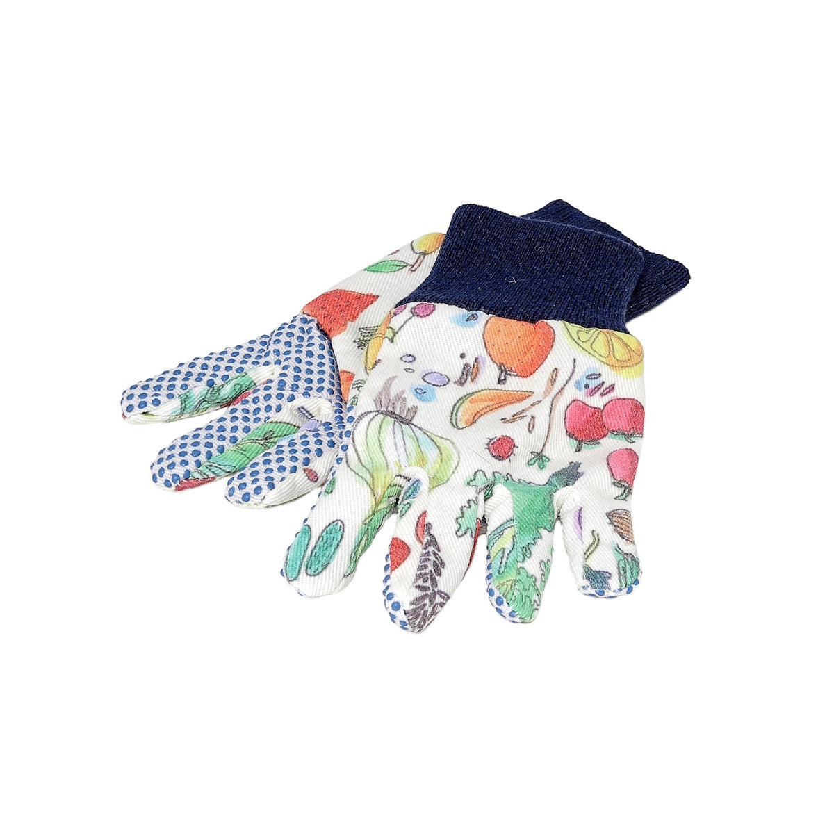 Colorful fruit and vegetable print gardening gloves with blue knit cuffs and non-slip palm grips for yard work.