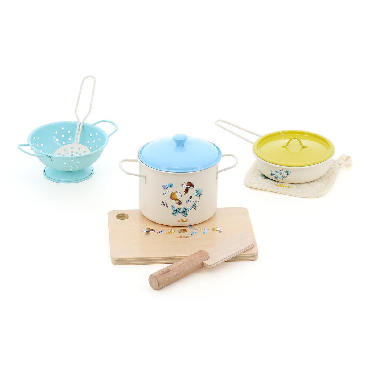 Children's nature cooking toy set with wooden cutting board, metal pots, pans, and colander.