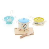 Children's nature cooking toy set with wooden cutting board, metal pots, pans, and colander.