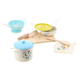 Vilac nature-themed toy cooking set with metal pots, pans, colander, and wooden kitchen utensils.