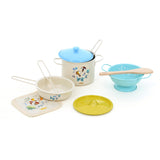 Vilac My Little Nature toy cooking set with metal play pots, pans, colander, and kitchen accessories.