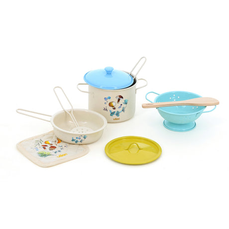 Vilac My Little Nature toy cooking set with metal play pots, pans, colander, and kitchen accessories.