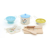 Vilac nature-themed toy cooking set with metal pots and lids, colander, wooden cutting board, and spatula.