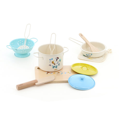 Vilac pretend play kitchen set featuring a wooden cutting board, metal pots, pans, colander, and utensils.