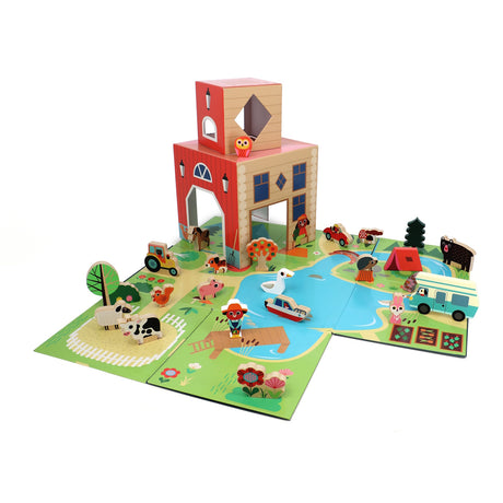 Colorful wooden farm toy set with animals, barn, and playmat.