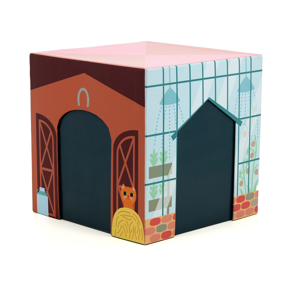Vilac toy cube building featuring a barn with an orange cat and a greenhouse illustration.