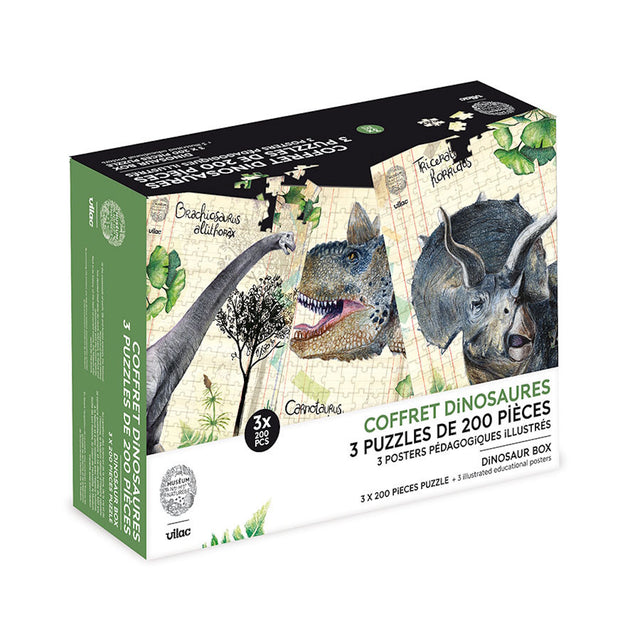 Vilac dinosaur puzzle box containing three 200-piece puzzles featuring vintage-style illustrations.
