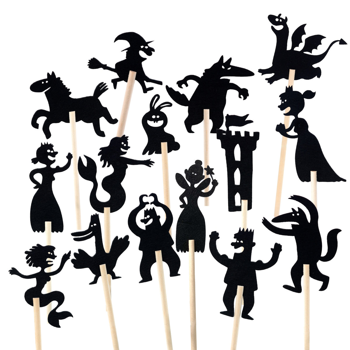 Fairytale shadow puppets on wooden sticks featuring a dragon, witch, princess, fairy, and castle.