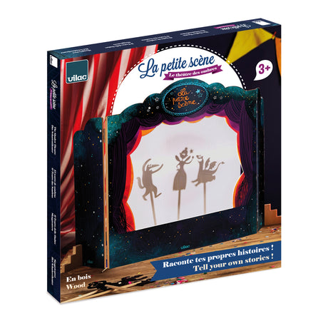 Product packaging box for Vilac La Petite Scene wooden tabletop shadow puppet theatre toy for ages 3 plus.