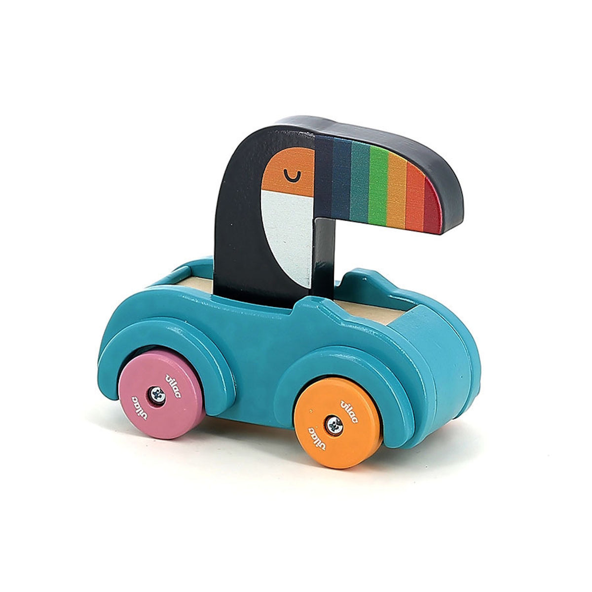 Vilac wooden toucan beep car toy with a colorful rainbow beak bird driver in a blue vehicle.